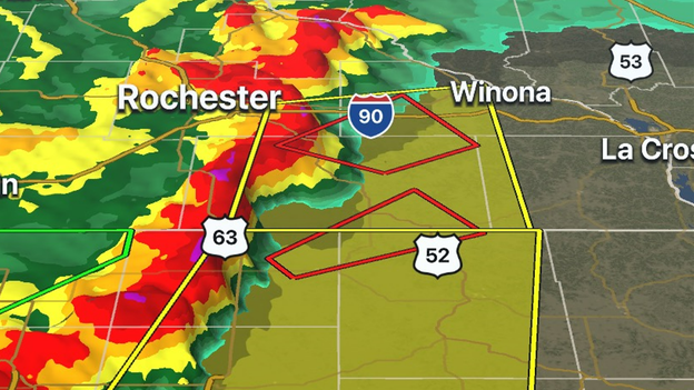 Tornado-warned storms moving through southeastern Minnesota