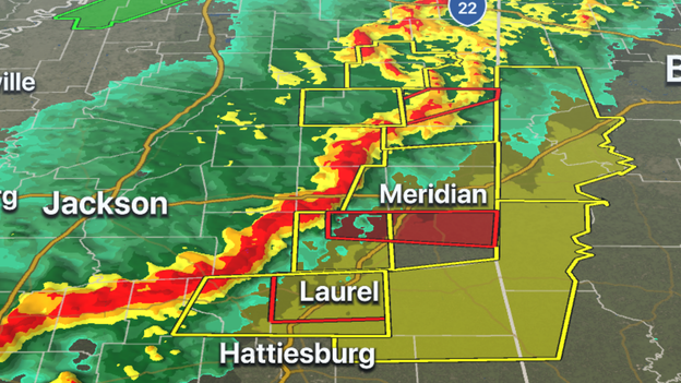 Tornado-warned storms moving through eastern Mississippi