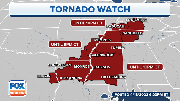 Tornado Watch until 10 p.m. for parts of Indiana, Kentucky, Tennessee