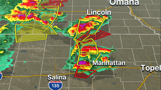 FOX Weather 3D Radar tracking tornado-warned storms in Kansas, Nebraska