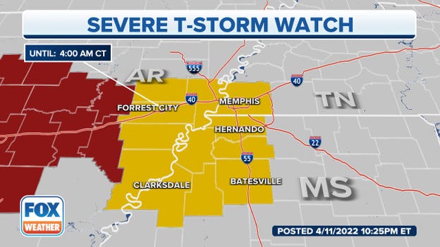 Severe Thunderstorm Watch for MS, AR, TN until 4 a.m.