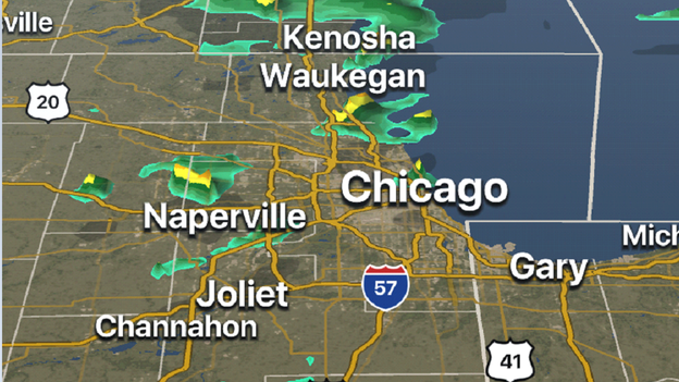 FOX Weather 3D Radar tracking rain moving out of Chicago