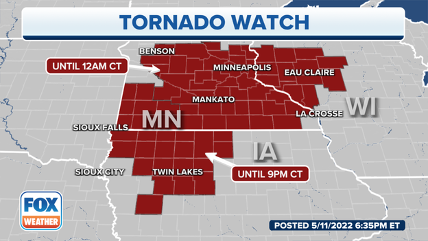 Tornado Watch in effect until midnight for parts of Iowa, Minnesota, Wisconsin