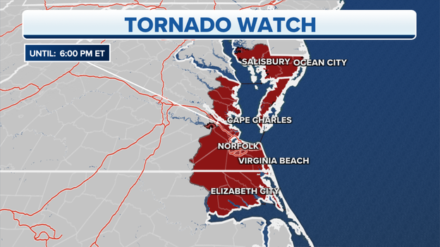 Tornado Watch continues until 6 p.m. for areas in Maryland, Virginia and North Carolina