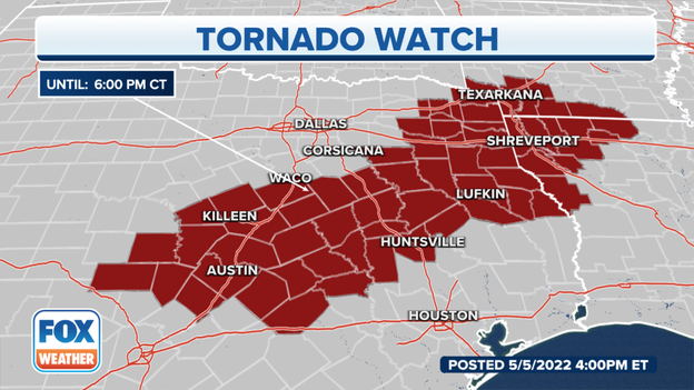UPDATE: Tornado Watch includes southwest Arkansas, northwest Louisiana and Texas