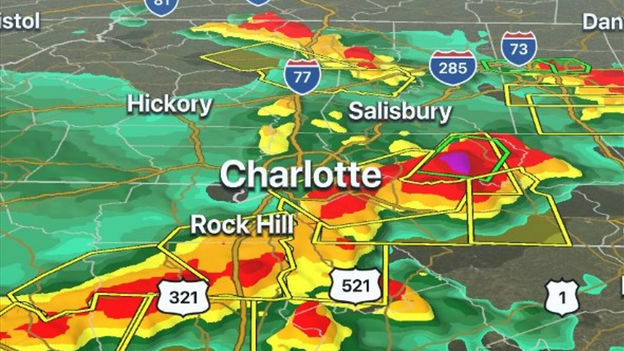 FOX Weather 3D Radar tracking severe storms rolling through Charlotte metro