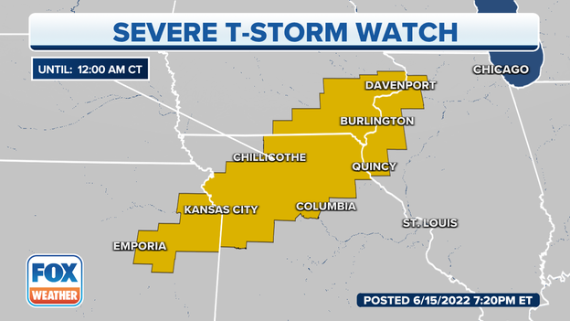 Severe Thunderstorm Watch issued from Davenport, IA through Kansas City, KS