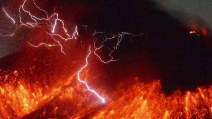 Lightning flashes around Volcano eruption in Japan