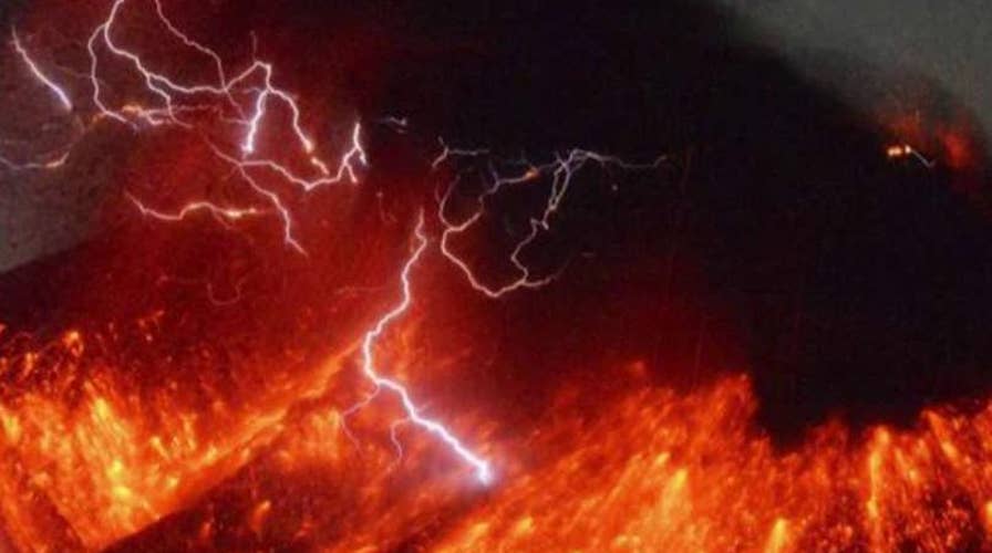 Lightning flashes around Volcano eruption in Japan