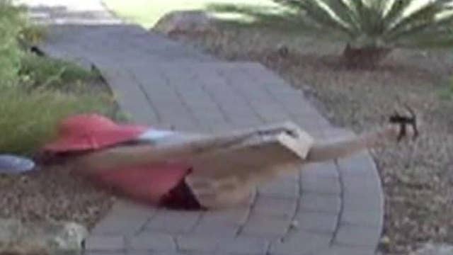 Alleged package thief falls, flashes surveillance camera