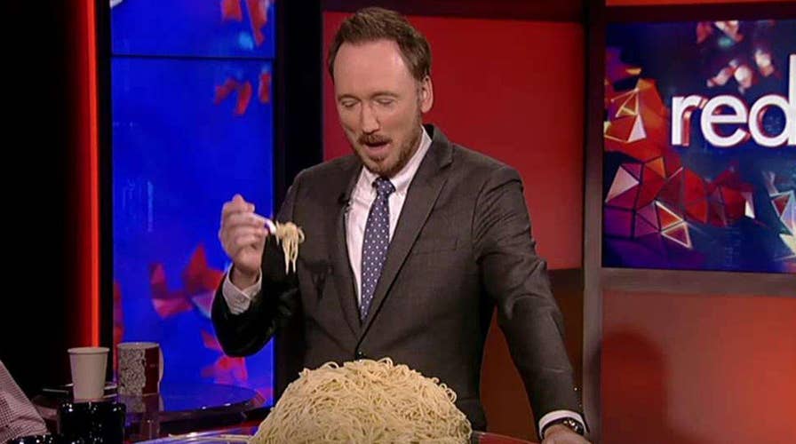 Tom Shillue takes the Michael Phelps pasta challenge