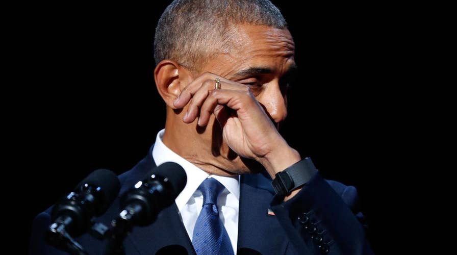 An emotional President Obama salutes family, Biden and staff