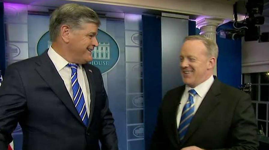 Sean Spicer gives a tour of the White House briefing room