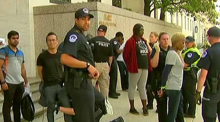 Health care demonstrators protest outside GOP Senate offices