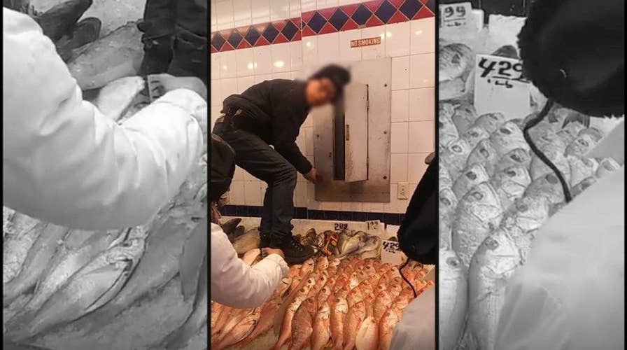 Chinatown worker caught on camera standing on fish for sale