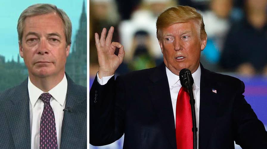 Nigel Farage reacts after Trump takes on the European Union