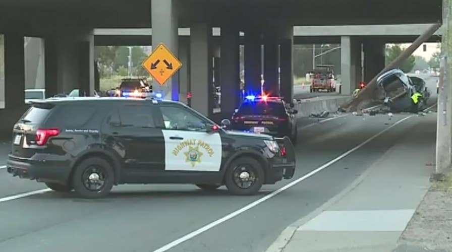 California car crash snaps utility pole in half