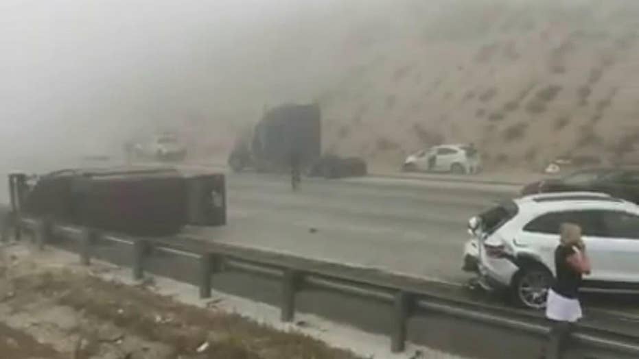 As many as 20 vehicles crash in pileup at foggy Southern California