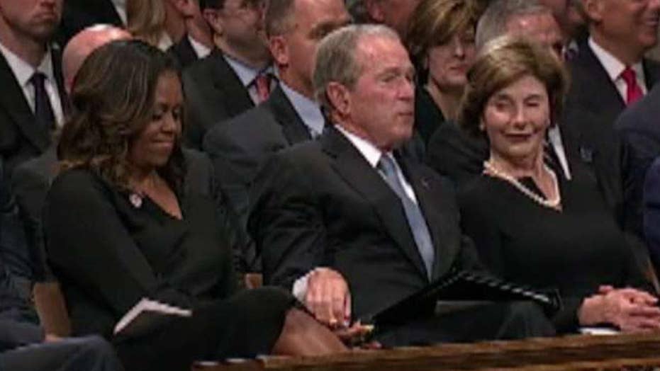 George W Bush Seen Passing Candy To Michelle Obama At Mccain Service Fox News 9232