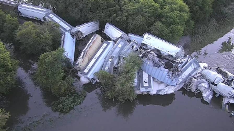 Aerial footage of a train derailment near Alton, Iowa