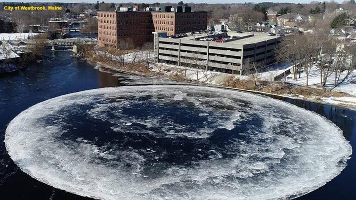 A massive ice disk forms in Maine river