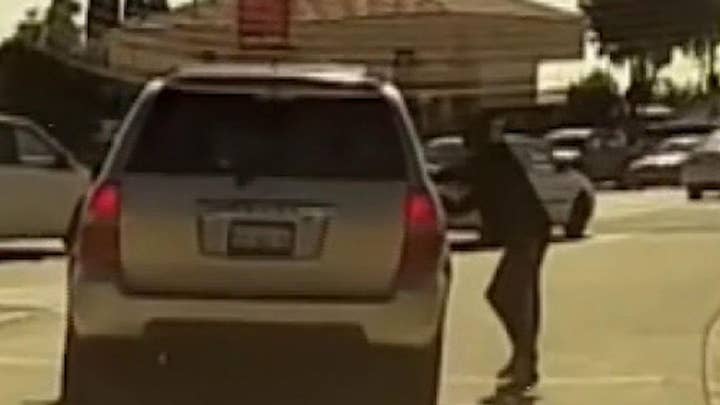 Dashcam video records a pedestrian moving into the path of a vehicle