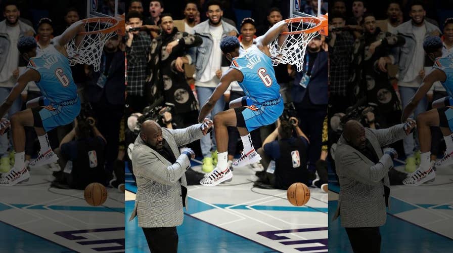 Hamidou Diallo jumps over Shaquille O'Neal to win NBA All-Star Dunk Contest  after ripping jersey to expose Superman top