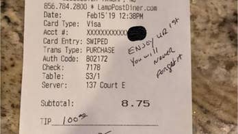 Police officer leaves pregnant waitress $100 tip along with 'lovely message' written on check