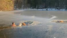 New York man and his dog rescue 2 dogs who fell into icy water, video shows