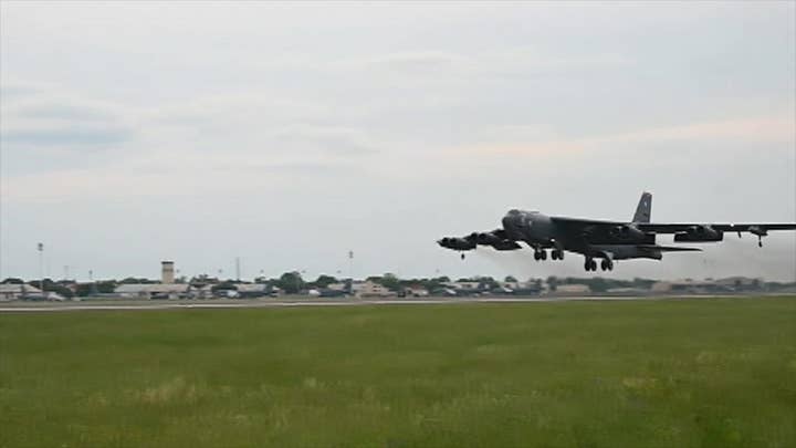 Nuclear-capable B-52 bombers depart Barksdale Air Force Base for the Middle East