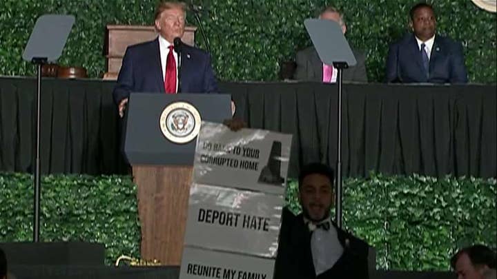 Protester interrupts President Trump's speech at Jamestown anniversary event