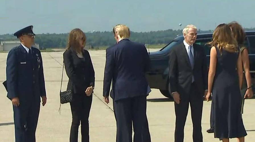 President Trump arrives in Dayton, Ohio to visit with mass shooting survivors