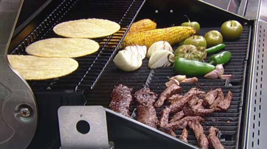 Rick's steak tacos with tomatillo salsa and grilled corn esquites