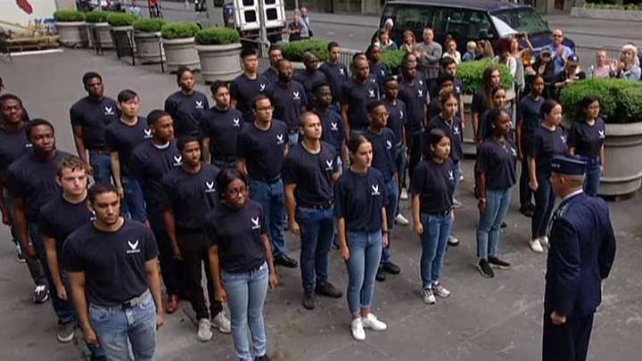 U.S. Air Force recruits take the oath of enlistment on the Fox Square