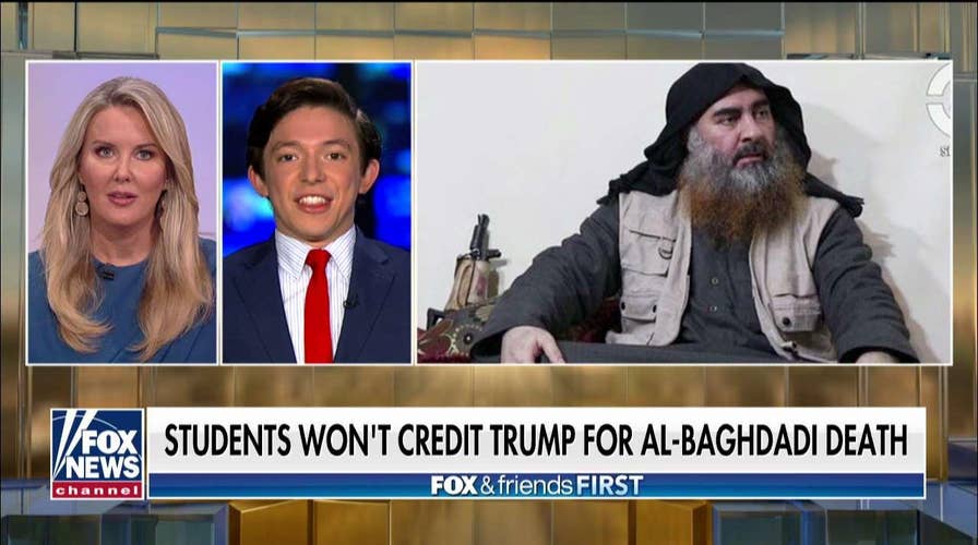 Campus Reform reporter Eduardo Neret reacts as Georgetown students refuse to credit the president for the death of al-Baghdadi