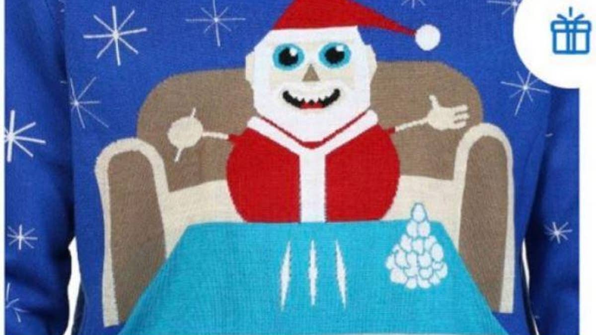 santa sweater with lines of coke