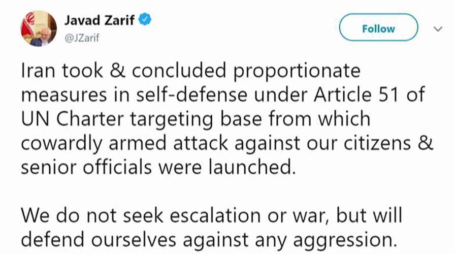 Iran's foreign minister says missile attacks have 'concluded' and they do not seek escalation or war