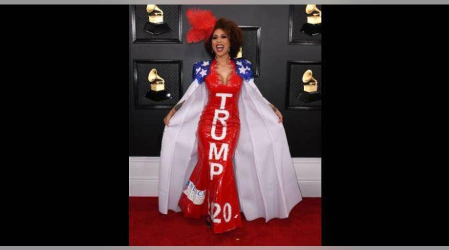 Joy Villa arrives at the Grammy Awards wearing a gown in support of Trump’s 2020 re-election