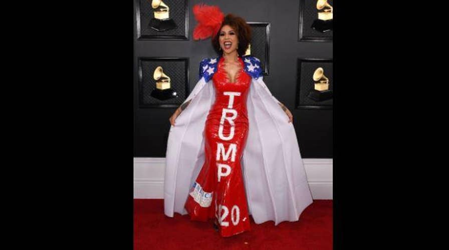 Joy Villa arrives at the Grammy Awards wearing a gown in support of Trump’s 2020 re-election