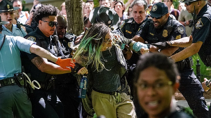 Woman with green hair and police
