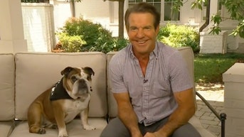 Dennis Quaid joined by his dog Peaches as he dishes on upcoming Reagan biopic