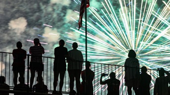 crowd watching fireworks by flag - Fox News