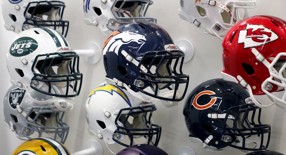 NFL helmets on display