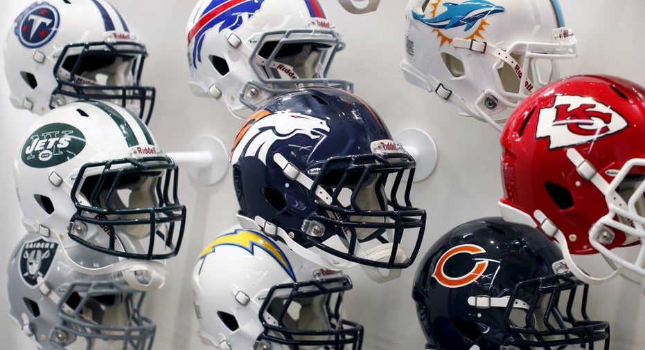 NFL helmets on display