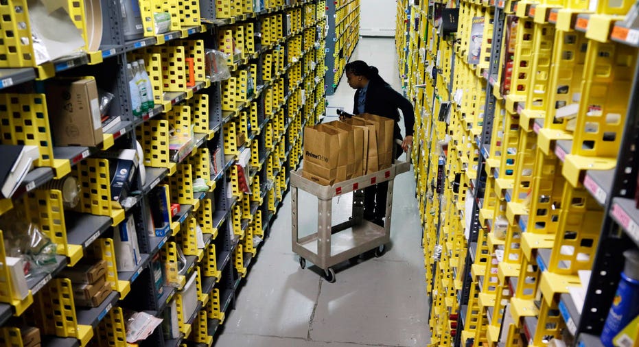 Amazon warehouse aisle, Amazon employee, e-commerce AP FBN