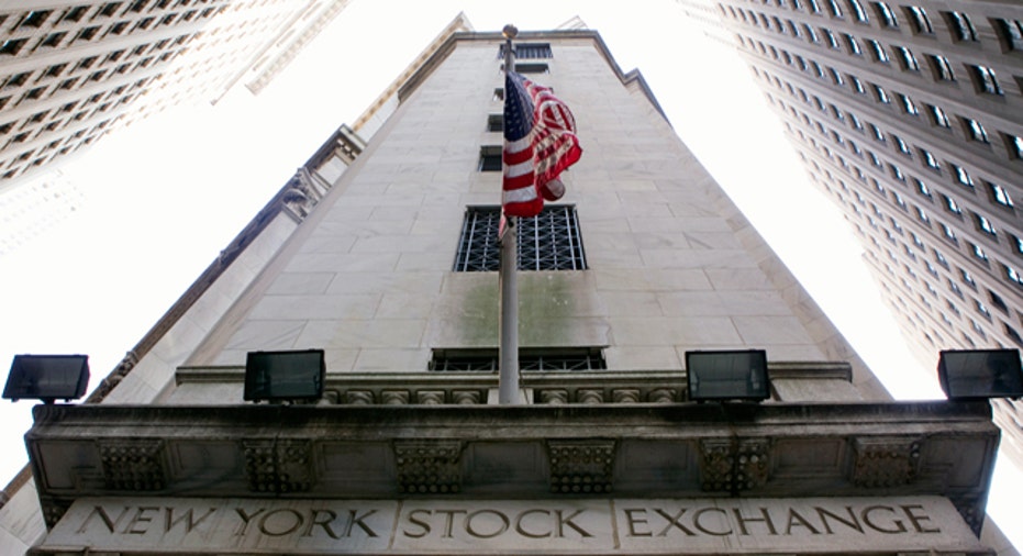 NYSE Building with U.S. Flag Hanging, Reuters