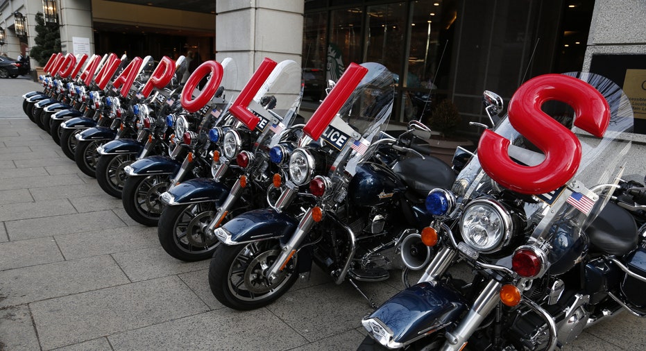 The Indianapolis motorcycle patrol is stationed outside of the Grand Hyatt, where the Indiana Republican Ball is being held Thursday.