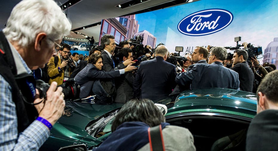 Ford CEO Jim Hackett and Mustang Bullitt, Detroit auto show AP FBN