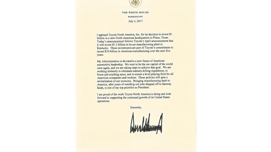 President Donald Trump letter to Toyota