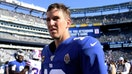 EAST RUTHERFORD, NEW JERSEY - SEPTEMBER 15: Eli Manning #10 of the New York Giants looks on afterthe fourth quarter of the game against the Buffalo Bills at MetLife Stadium on September 15, 2019 in East Rutherford, New Jersey. The Buffalo Bills defeat the New York Giants 28-14. (Photo by Sarah Stier/Getty Images)